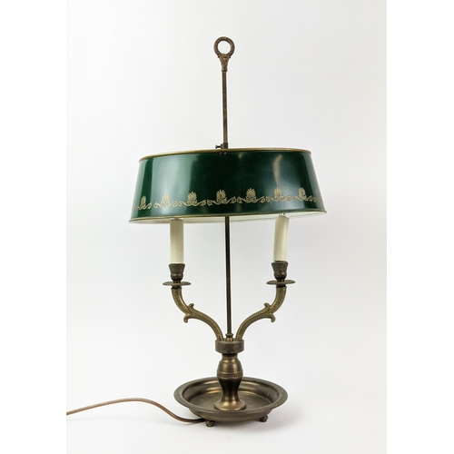 3 - BESSELINK AND JONES STYLE BOUILLOTTE LAMP, with green toleware shade, 73cm H.