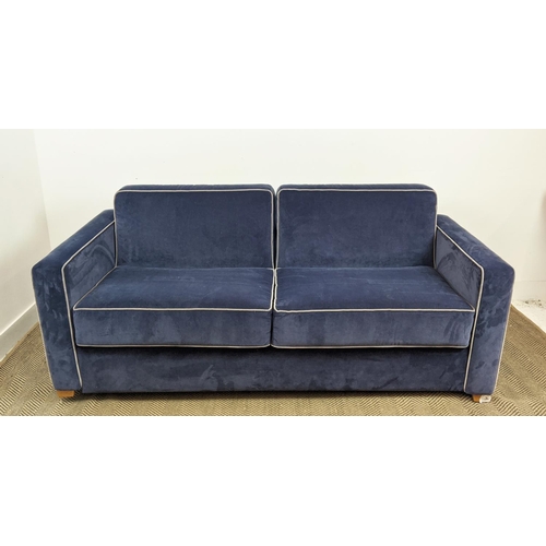 360 - SOFA BED, blue velvet with piping, 193cm W x 91cm D.