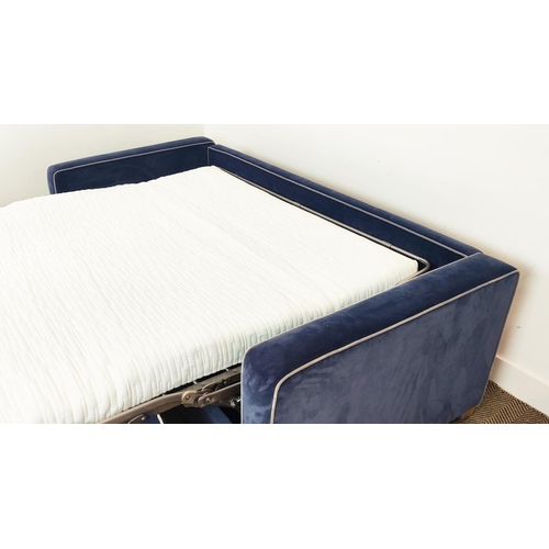 360 - SOFA BED, blue velvet with piping, 193cm W x 91cm D.