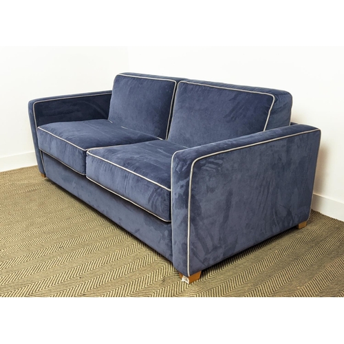 360 - SOFA BED, blue velvet with piping, 193cm W x 91cm D.