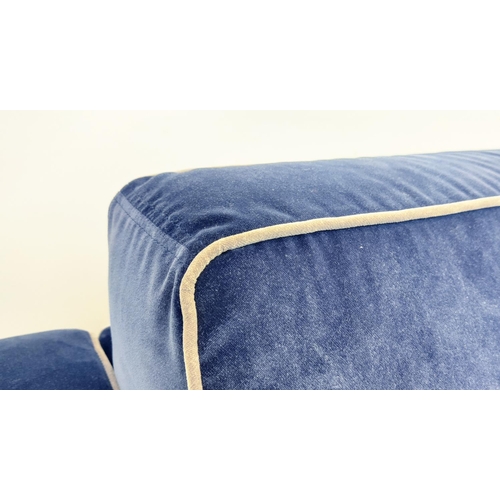 360 - SOFA BED, blue velvet with piping, 193cm W x 91cm D.