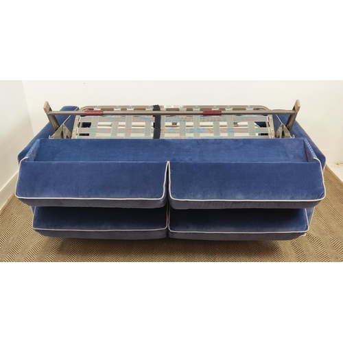 360 - SOFA BED, blue velvet with piping, 193cm W x 91cm D.