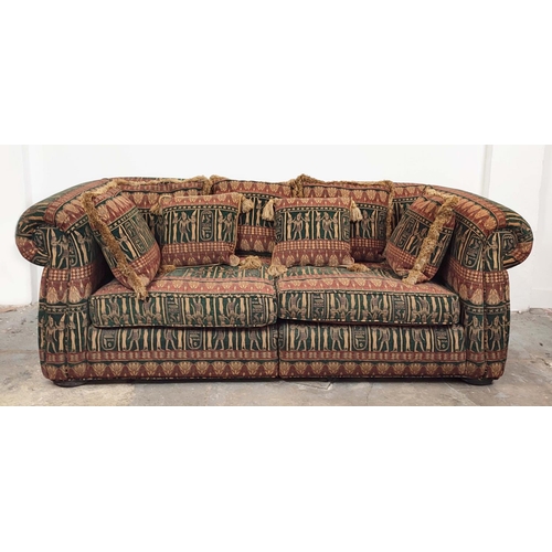 365 - SOFA, Chesterfield style in a patterned fabric, 212cm x 79cm H x 100cm.