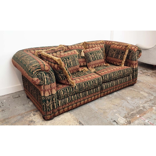 365 - SOFA, Chesterfield style in a patterned fabric, 212cm x 79cm H x 100cm.