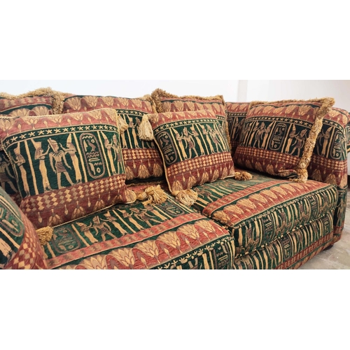 365 - SOFA, Chesterfield style in a patterned fabric, 212cm x 79cm H x 100cm.