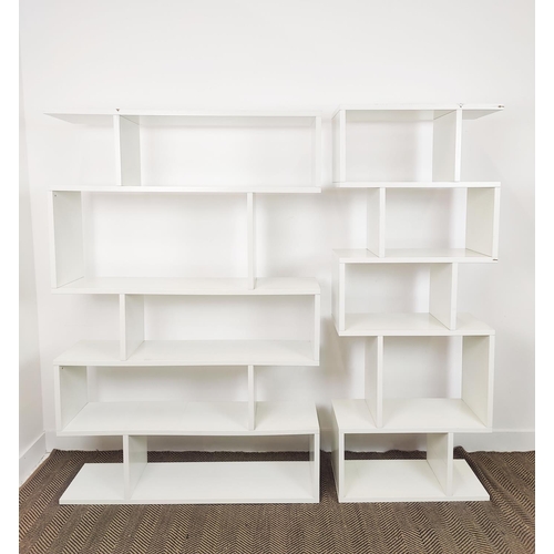 371 - ATTRIBUTED TO CONRAN OPEN WHITE SHELVES, a pair, white gloss, 70cm W x 181cm H x 30cm D and 121cm W ... 