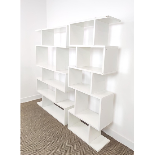 371 - ATTRIBUTED TO CONRAN OPEN WHITE SHELVES, a pair, white gloss, 70cm W x 181cm H x 30cm D and 121cm W ... 