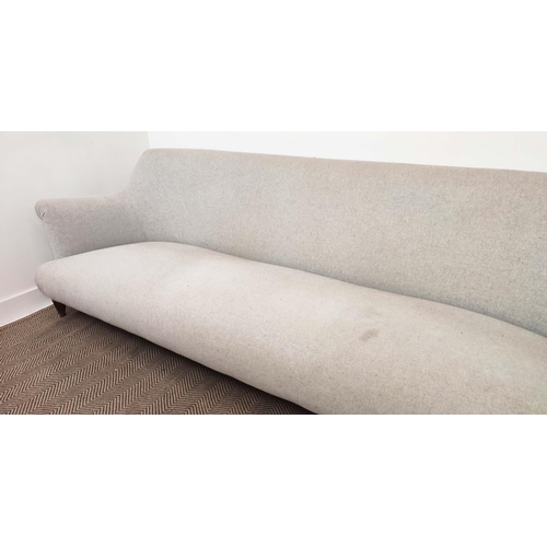 374 - PINCH GODDARD SOFA, light grey upholstery on tapered supports, 258cm L x 83cm H x 87cm D.