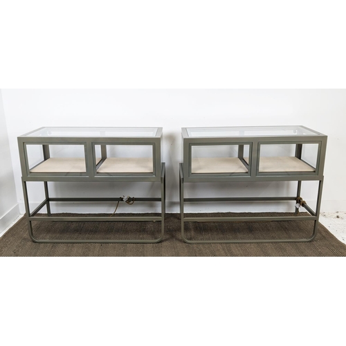 378 - JEWELLERY DISPLAY CABINETS, a pair, silver painted metal and glazed, 111cm W x 50cm D x 90cm H.