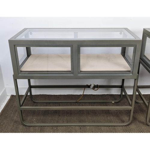 378 - JEWELLERY DISPLAY CABINETS, a pair, silver painted metal and glazed, 111cm W x 50cm D x 90cm H.