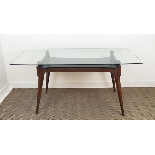 395 - TABLE, shaped glass top on 4 balls with leatherette undertier, on facet tapered supports, 169cm x 84... 