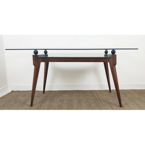 395 - TABLE, shaped glass top on 4 balls with leatherette undertier, on facet tapered supports, 169cm x 84... 