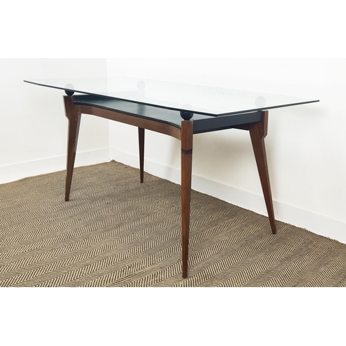 395 - TABLE, shaped glass top on 4 balls with leatherette undertier, on facet tapered supports, 169cm x 84... 