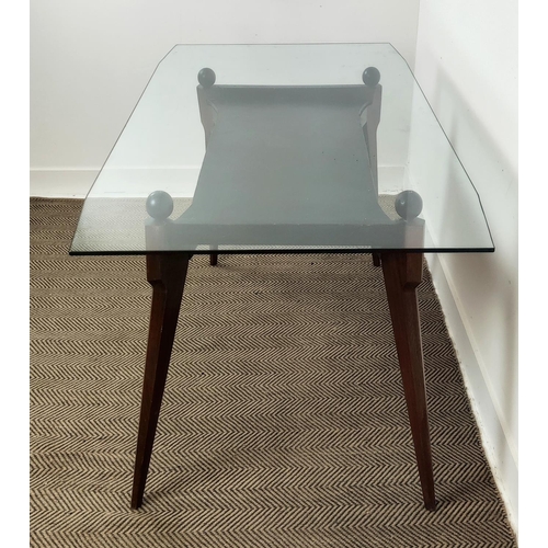 395 - TABLE, shaped glass top on 4 balls with leatherette undertier, on facet tapered supports, 169cm x 84... 