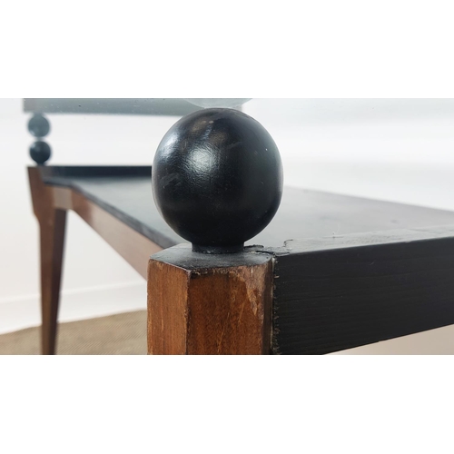 395 - TABLE, shaped glass top on 4 balls with leatherette undertier, on facet tapered supports, 169cm x 84... 