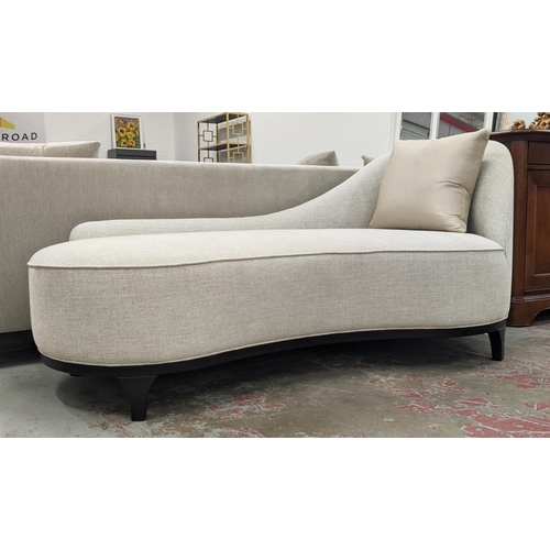 399 - CHAISE LOUNGE, grey fabric upholstered with ebonised supports, 190cm x 82cm x 84cm.