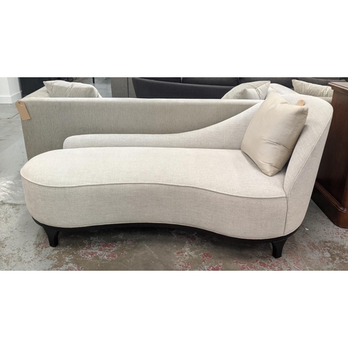 399 - CHAISE LOUNGE, grey fabric upholstered with ebonised supports, 190cm x 82cm x 84cm.