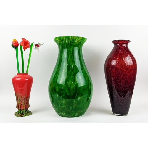 5 - MURANO VASES, three including a large mottled green vase 51cm H, a slender red vase 50cm H and a mul... 