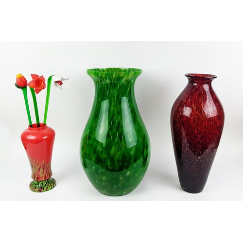 5 - MURANO VASES, three including a large mottled green vase 51cm H, a slender red vase 50cm H and a mul... 