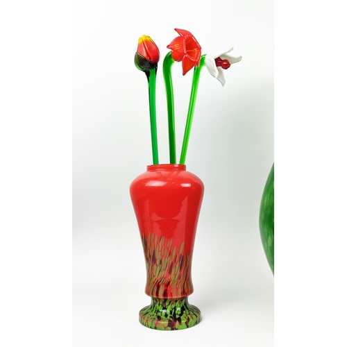 5 - MURANO VASES, three including a large mottled green vase 51cm H, a slender red vase 50cm H and a mul... 