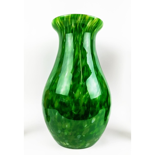 5 - MURANO VASES, three including a large mottled green vase 51cm H, a slender red vase 50cm H and a mul... 