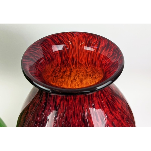 5 - MURANO VASES, three including a large mottled green vase 51cm H, a slender red vase 50cm H and a mul... 