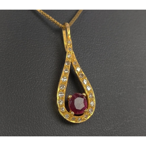 8 - AN 18CT GOLD RED STONE AND DIAMOND SET PENDANT NECKLACE, the oval mixed cut stone with a tear shaped... 