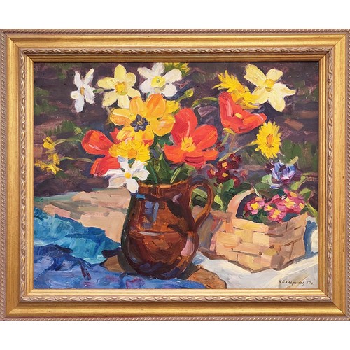 64A - NIKOLAY KALMYKOV (1924-1994), 'Spring flowers in a jug', 1967, oil on canvas, 46.5cm x 57cm.