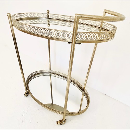 316 - MAISON JANSEN STYLE COCKTAIL TROLLEY, silvered with mirrored shelves 87cm H x 78cm x 47cm.