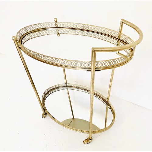 316 - MAISON JANSEN STYLE COCKTAIL TROLLEY, silvered with mirrored shelves 87cm H x 78cm x 47cm.