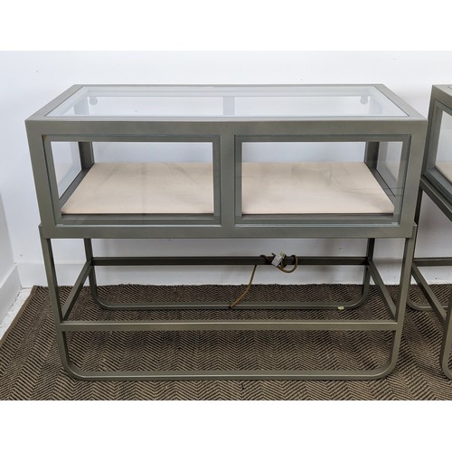 379 - JEWELLERY DISPLAY CABINETS, a pair, silver painted metal and glazed, 111cm W x 50cm D x 90cm H.