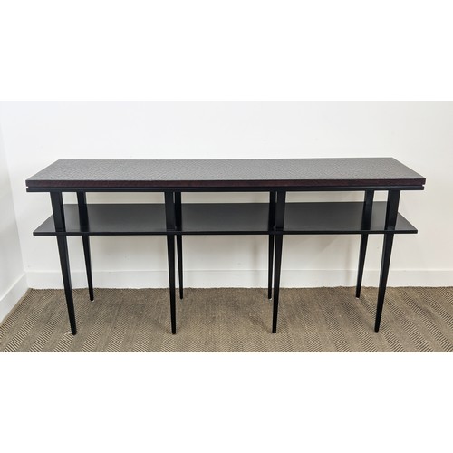 381 - CONSOLE TABLE, faux crocodile finish top on ebonised tapered supports with under tier shelf, 88cm H ... 