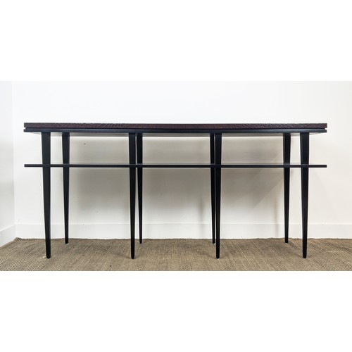 381 - CONSOLE TABLE, faux crocodile finish top on ebonised tapered supports with under tier shelf, 88cm H ... 