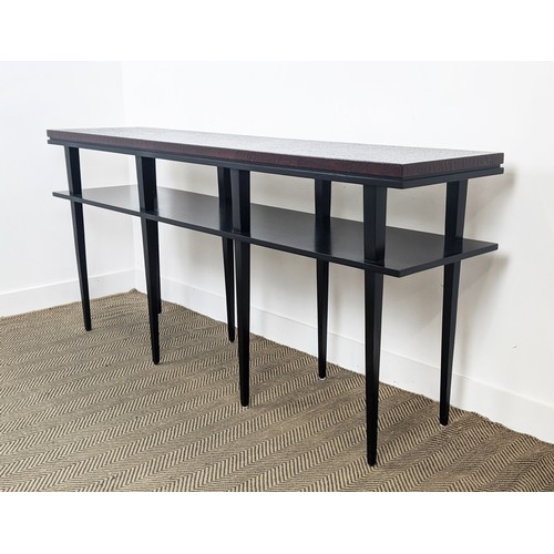 381 - CONSOLE TABLE, faux crocodile finish top on ebonised tapered supports with under tier shelf, 88cm H ... 