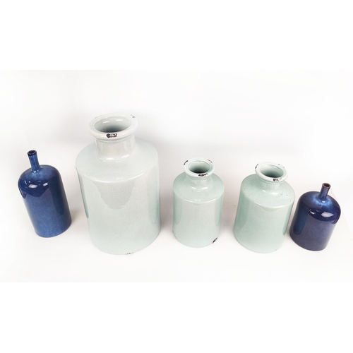 10 - A COLLECTION OF BOTTLE VASES, three celedon with craquelure glaze and two powder blue. (5)