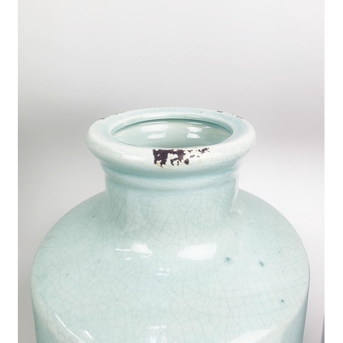 10 - A COLLECTION OF BOTTLE VASES, three celedon with craquelure glaze and two powder blue. (5)