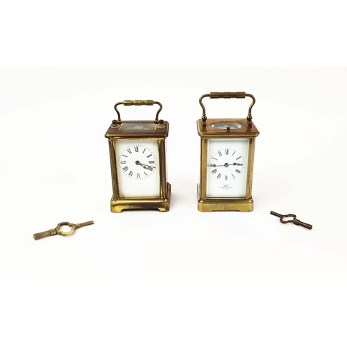 18 - TWO CARRIAGE CLOCKS, compromising a dent repeater carriage clock, striking on a gong, together with ... 