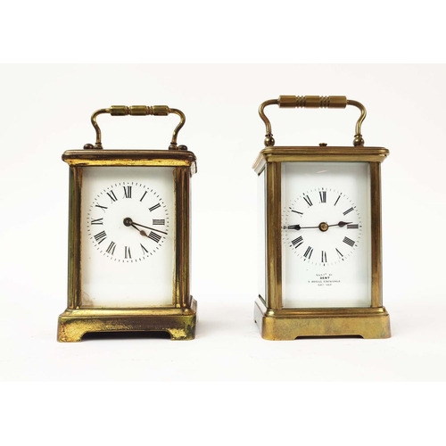 18 - TWO CARRIAGE CLOCKS, compromising a dent repeater carriage clock, striking on a gong, together with ... 