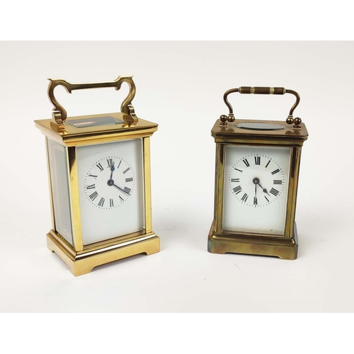 19 - TWO BRASS CARRIAGE CLOCKS, both with white enamelled dials, black roman numerals, 5.5cm dial width. ... 