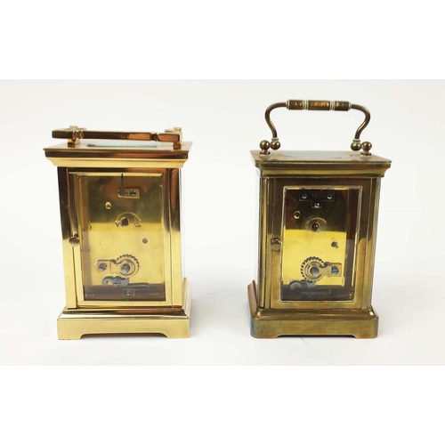 19 - TWO BRASS CARRIAGE CLOCKS, both with white enamelled dials, black roman numerals, 5.5cm dial width. ... 