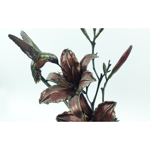 31 - FRANK DI VITA B. 1949 'DAYLILIES', late 20th century, cold painted bronze of hummingbirds and lilies... 