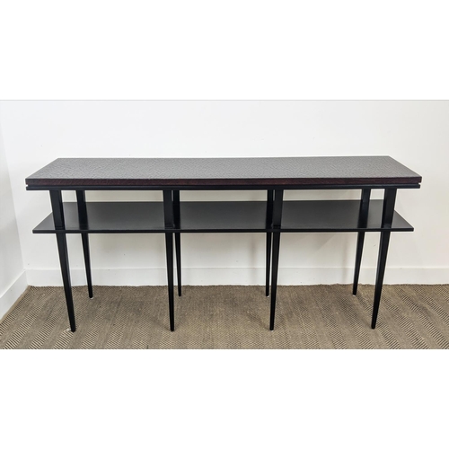 382 - CONSOLE TABLE, faux crocodile finish top on ebonised tapered supports with under tier shelf, 88cm H ... 