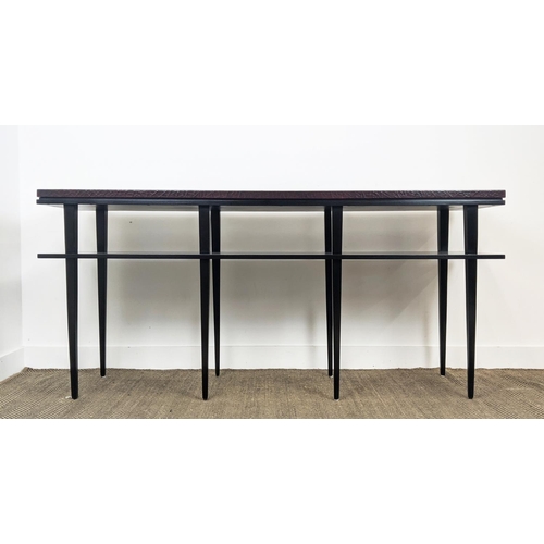 382 - CONSOLE TABLE, faux crocodile finish top on ebonised tapered supports with under tier shelf, 88cm H ... 