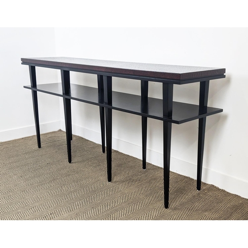 382 - CONSOLE TABLE, faux crocodile finish top on ebonised tapered supports with under tier shelf, 88cm H ... 