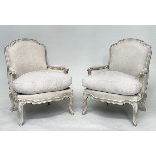 108 - BERGERES, a pair, French style grey painted with neutral grey linen upholstery, 71cm W. (2)