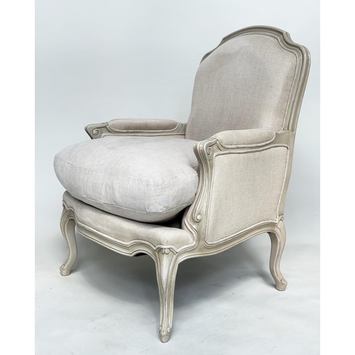 108 - BERGERES, a pair, French style grey painted with neutral grey linen upholstery, 71cm W. (2)