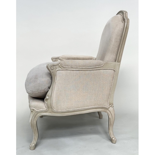 108 - BERGERES, a pair, French style grey painted with neutral grey linen upholstery, 71cm W. (2)