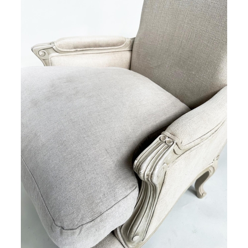 108 - BERGERES, a pair, French style grey painted with neutral grey linen upholstery, 71cm W. (2)