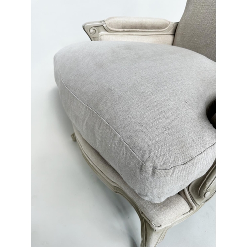 108 - BERGERES, a pair, French style grey painted with neutral grey linen upholstery, 71cm W. (2)