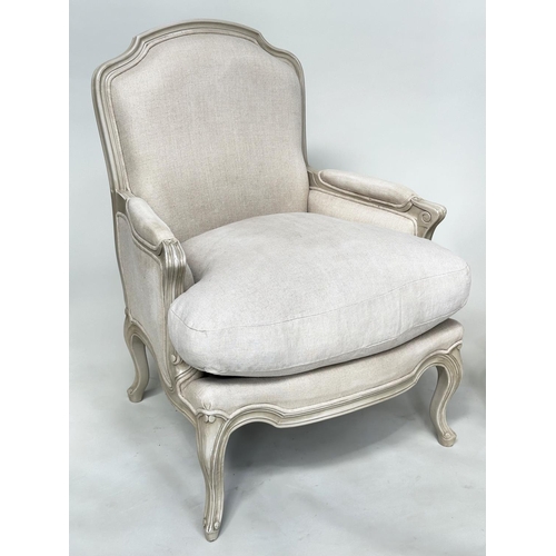 108 - BERGERES, a pair, French style grey painted with neutral grey linen upholstery, 71cm W. (2)